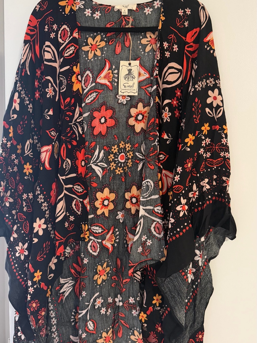 Easel Floral Open-Front Kimono in Black with Red & Orange Blooms